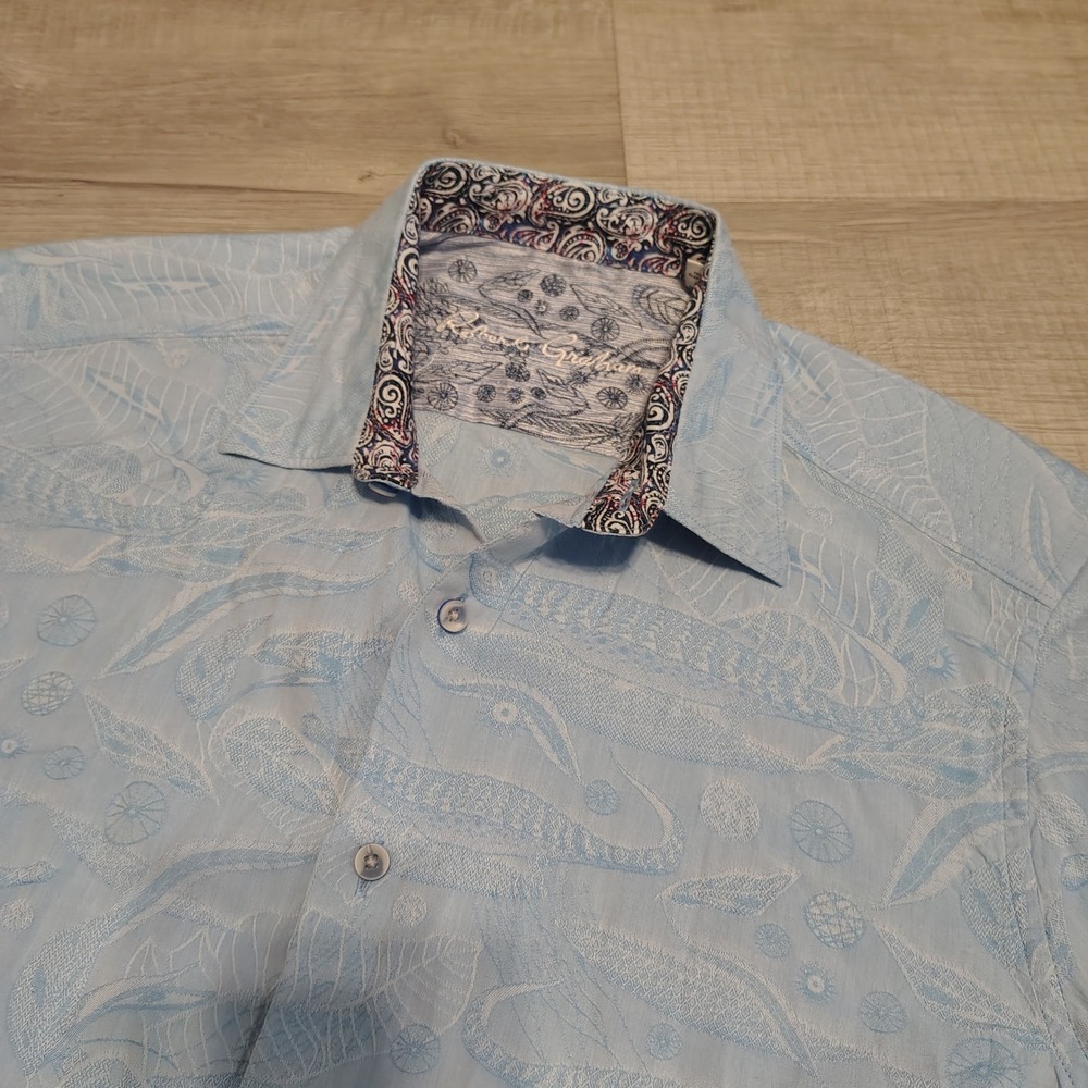 Robert Graham Mens Blue Crocodile Jacquard Short Sleeve Button Down Shirt L